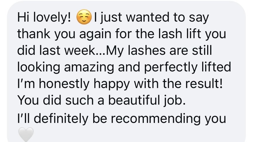 Client message about lashes still perfectly lifted