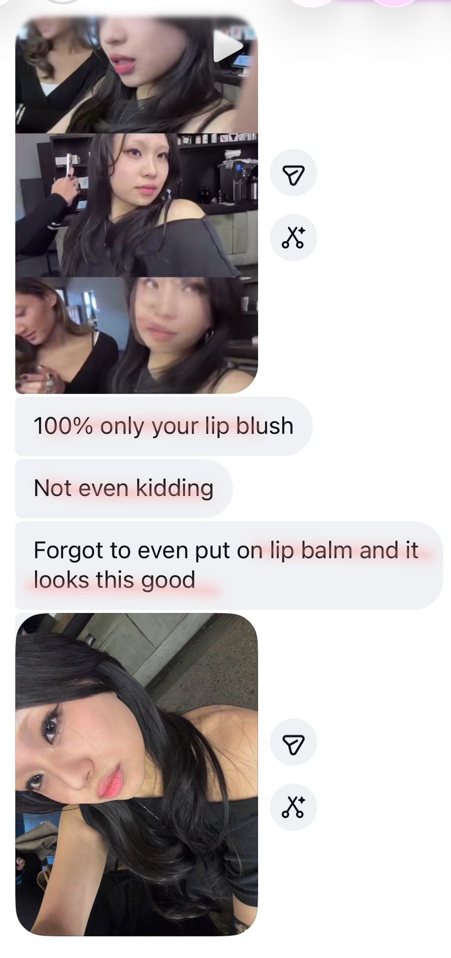Client message about lip blush without lip balm