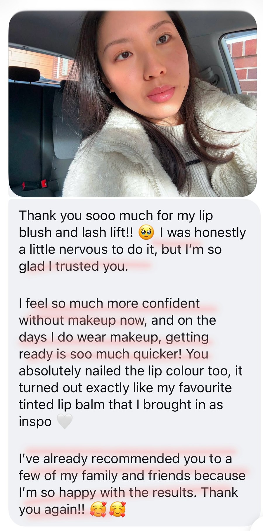 Client message about lip blush and lash lift